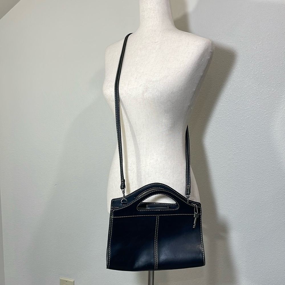 Fossil Black Leather White Stitching Satchel Crossbody #75082 Vintage 90’s